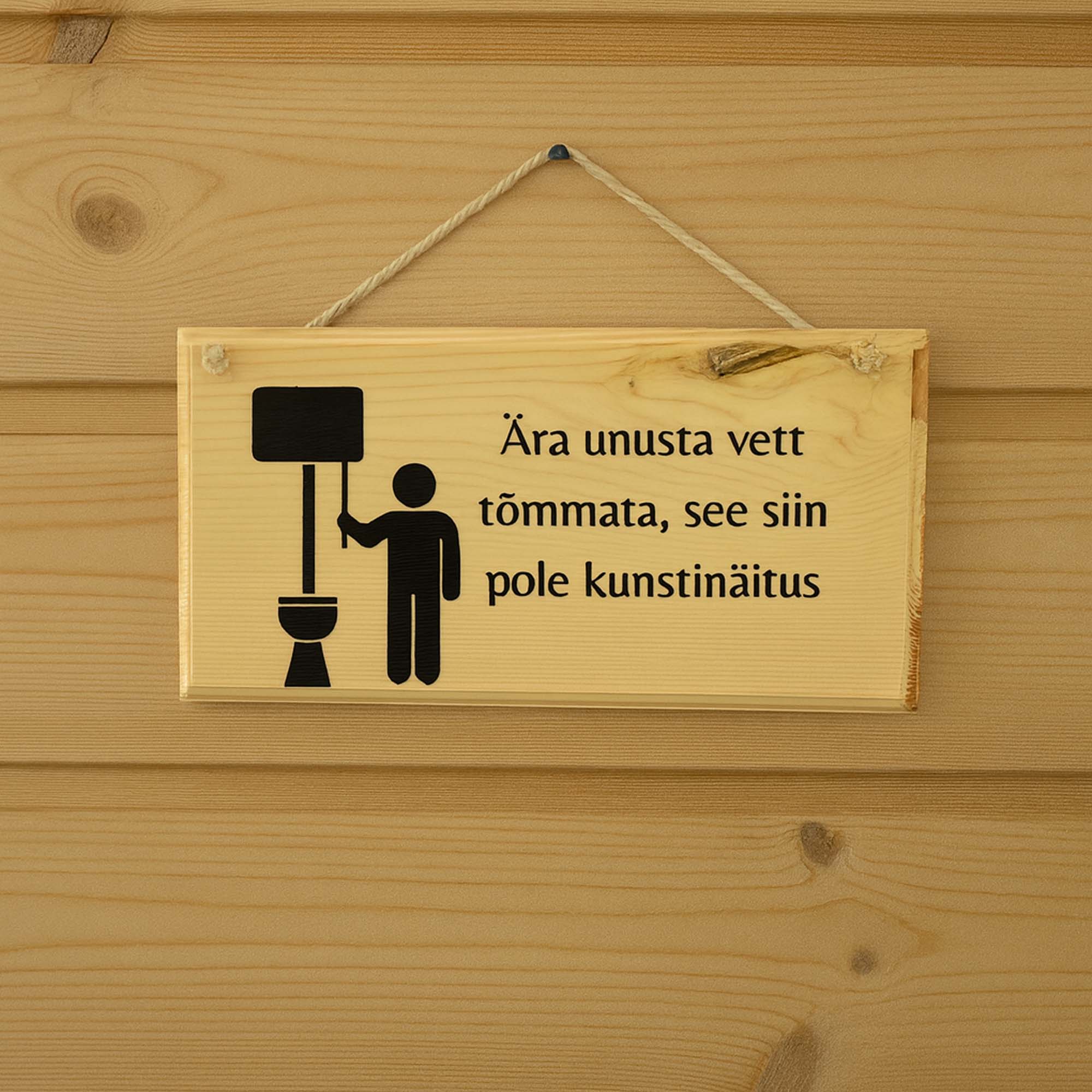 Naljaka tekstiga graveeritud puidust silt vannitupppa ja WC-sse